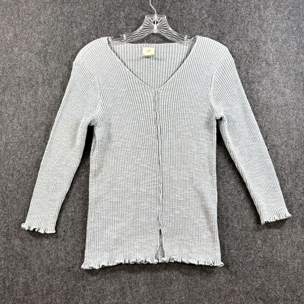 J. Jill | Fitted Gray 3/4 Sleeve Ribbed V-neck Sweater